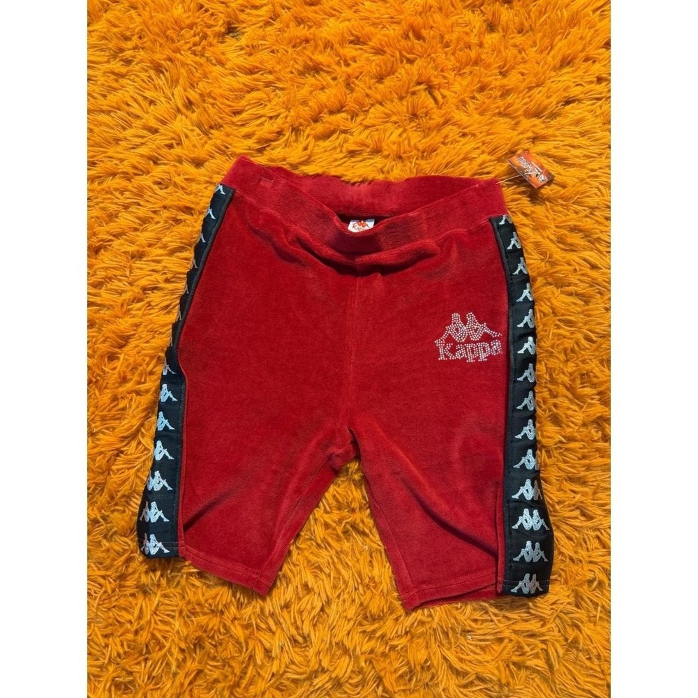 Kappa Red Velour Biker Shorts Rhinestone Logo Omini Tape XL New
